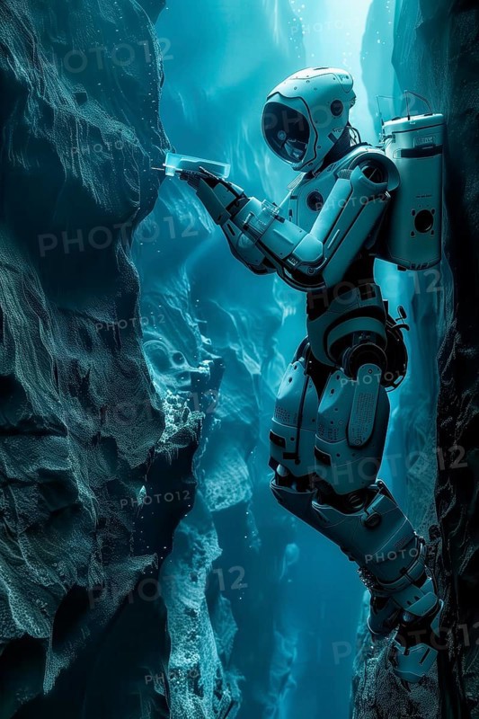Robot studying and collecting samples in a deep sea canyon with hydrothermal vents, AI generated