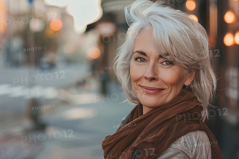 Beautiful elderly woman in her 50s or 60s with youthful appearance with gray hair with blurry stret background. Generative AI, AI generated