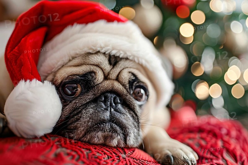 Cute Pug dog with red santa hat in front of blurry christmas tree Generative Ai, AI generated