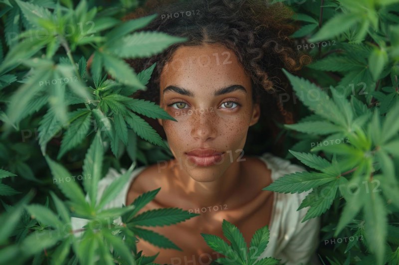 Top view, portrait, young woman lying relaxed in a hemp field, surrounded by hemp leaves, cannabis, industrial hemp, symbolic image, drug use, illegal, legal, for medical, industrial purposes or food production, AI generated, AI generated, AI generated