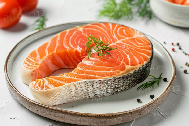 Raw salmon fish steak on plate. KI generiert, generiert, AI generated