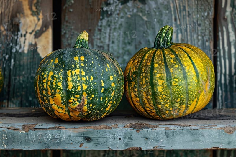 Two yellow and green pumpkins on wooden crate. Generative Ai, AI generated