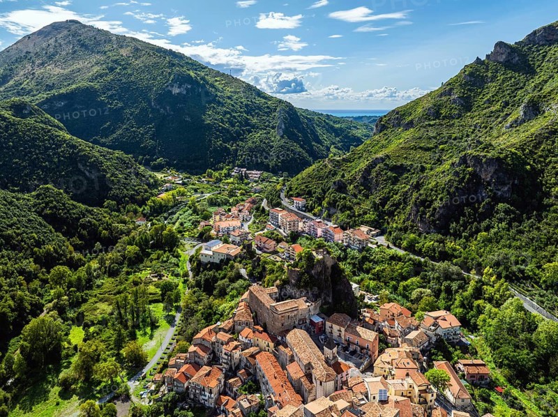 Orsomarso from a drone, Cosenza, Calabria, Italy, Europe