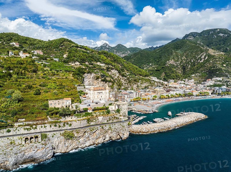 Maiori from a drone, Amalfi Coast, Salerno, Campania, Italy, Europe