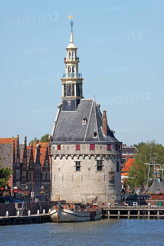 City view of Hoorn from the Markermeer, historic city centre with Hoofdtoren tower, Hoorn, North Holland, West Friesland, Netherlands