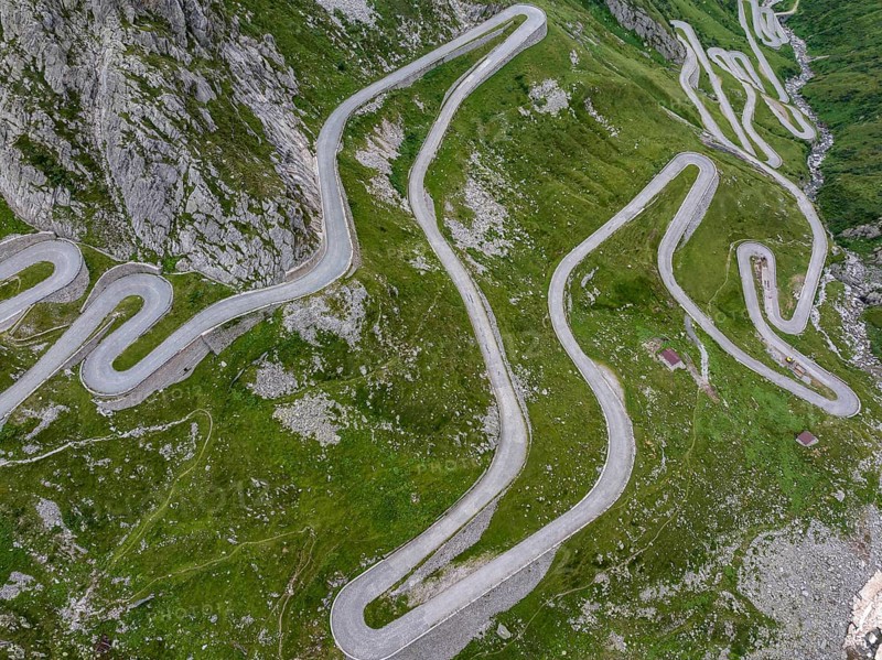 La Tremola, world-famous serpentine road through the Val Tremolo, road construction monument, Alpine pass with 24 hairpin bends. Old Gotthard Pass. Drone photo. Airolo, Canton Ticino, Switzerland, Europe