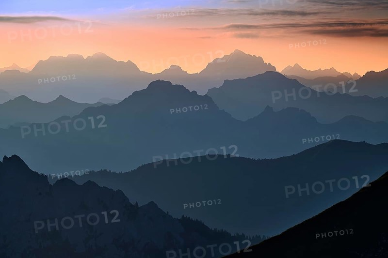 Fribourg Prealps and Bernese Alps at dawn, thunderstorm atmosphere, Cantons of Fribourg and Bern, Switzerland, Europe