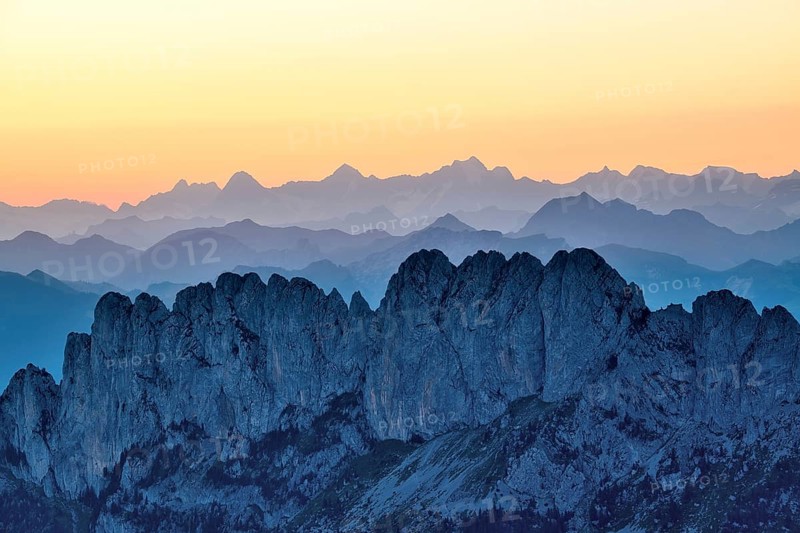 Fribourg Prealps with Gastlosen mountain range at dawn, Bernese Alps behind, cantons of Fribourg and Bern, Switzerland, Europe