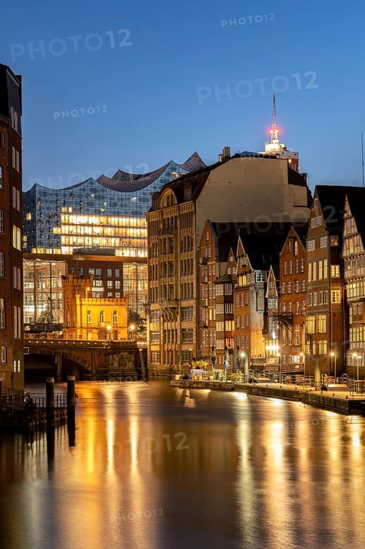 Nikolaifleet with Elbe Philharmonic Hall at the blue hour, Hamburg, Germany, Europe