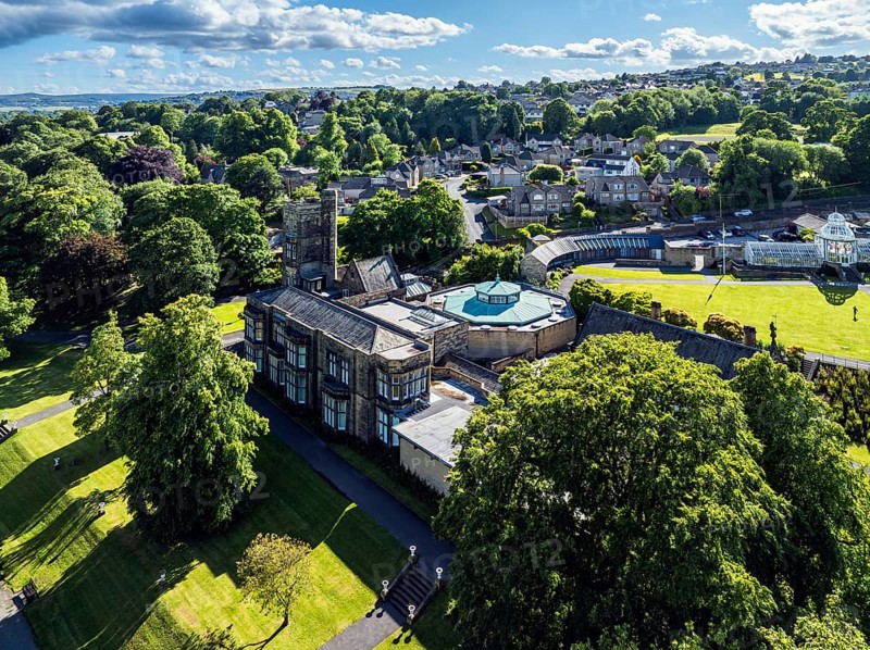 Cliffe Castle and Gardens from a drone, Keighley, West Yorkshire, England, United Kingdom, Europe