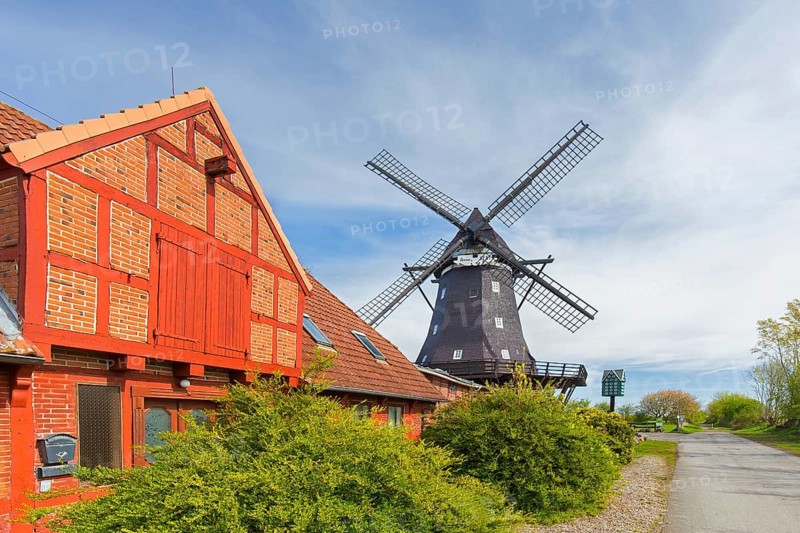 Windmill museum in old smock mill Jachen Flünk in the village Lemkenhafen on Fehmarn island, Ostholstein district, Schleswig-Holstein, Germany, Europe