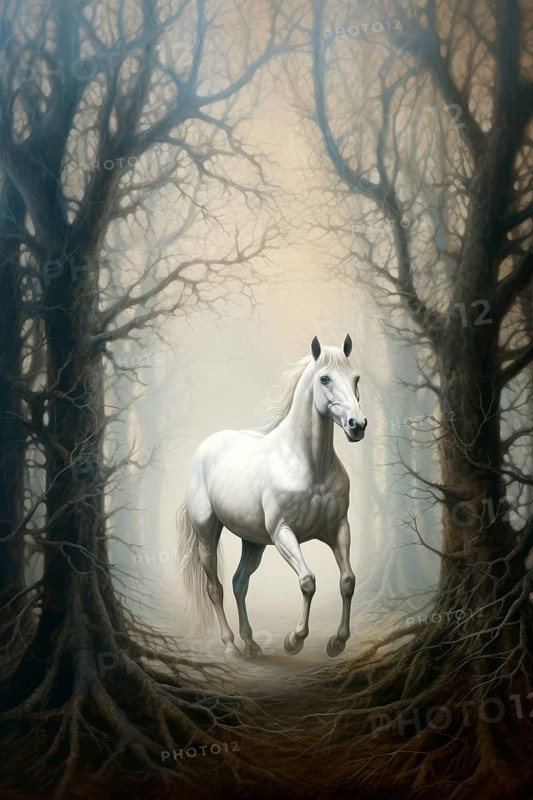 White horse in an imaginary forest, 19th century style, AI generated