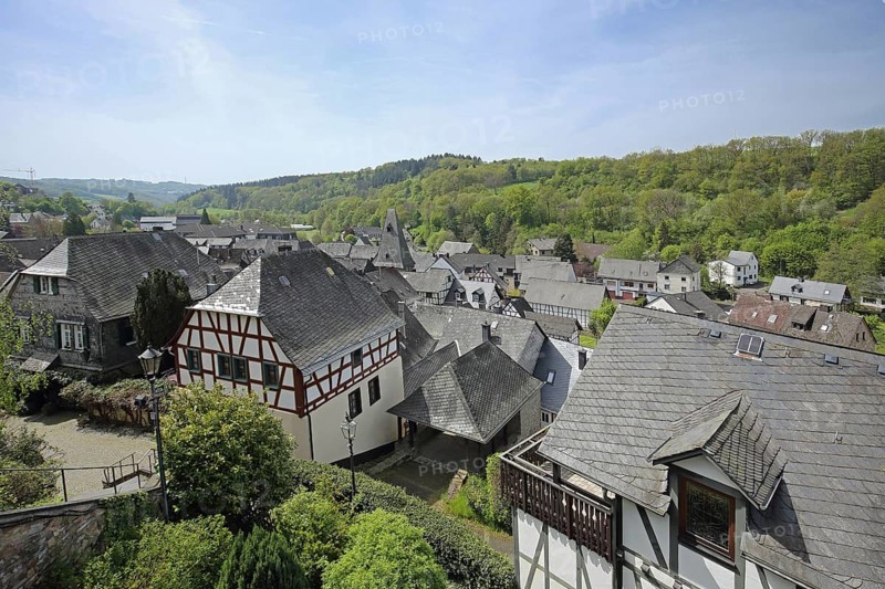 Townscape with slate roofs, slate roof, slate house, view, landscape, Herrstein, Hunsrück, Rhineland-Palatinate, Germany, Europe
