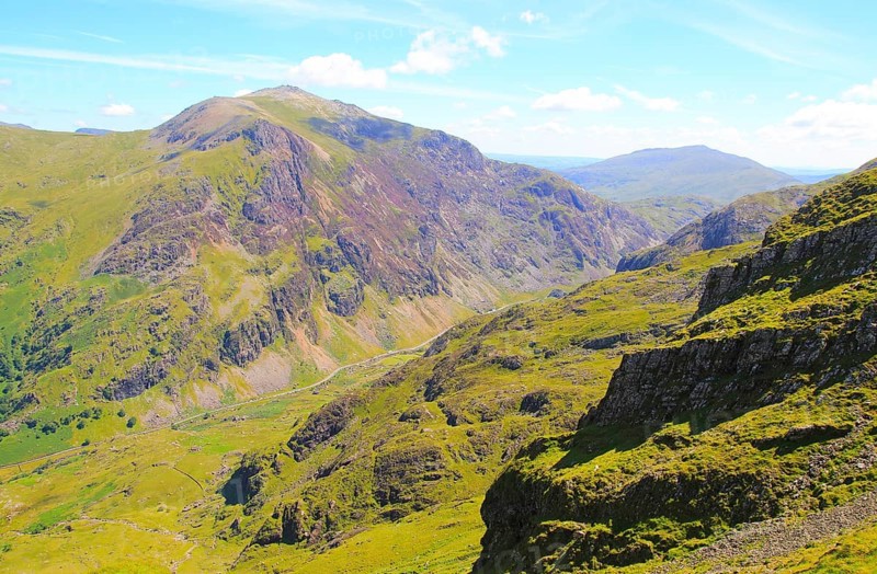 Looking down to Llanberis Pass from Mount Snowdon, Gwynedd, Snowdonia, north Wales, UK