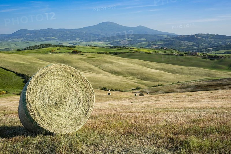 Harvested wheat field with bales of straw, landscape around Pienza, Val d'Orcia, Orcia Valley, UNESCO World Heritage Site, Province of Siena, Tuscany, Italy, Europe