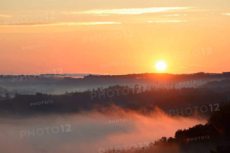 Sunrise, fog rising over the Arnsberg Forest nature park Park, North Rhine-Westphalia, Germany, Europe