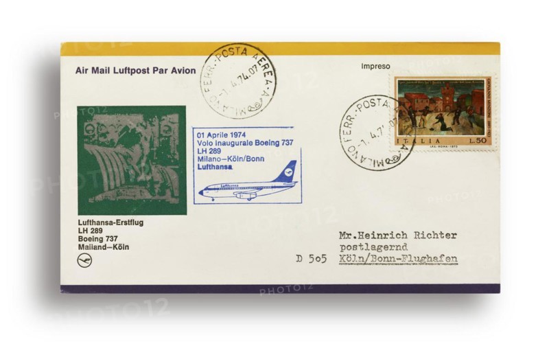 First flight letter, first flight cover, Lufthansa first flight LH289 with Boeing 737 from Milan, Italy, to Cologne, Germany, on 01.04.1974, Europe