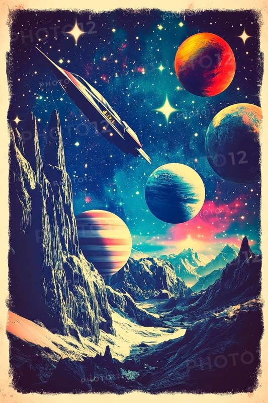 Vintage poster from the 60s and 70s representing a spaceship, AI generated