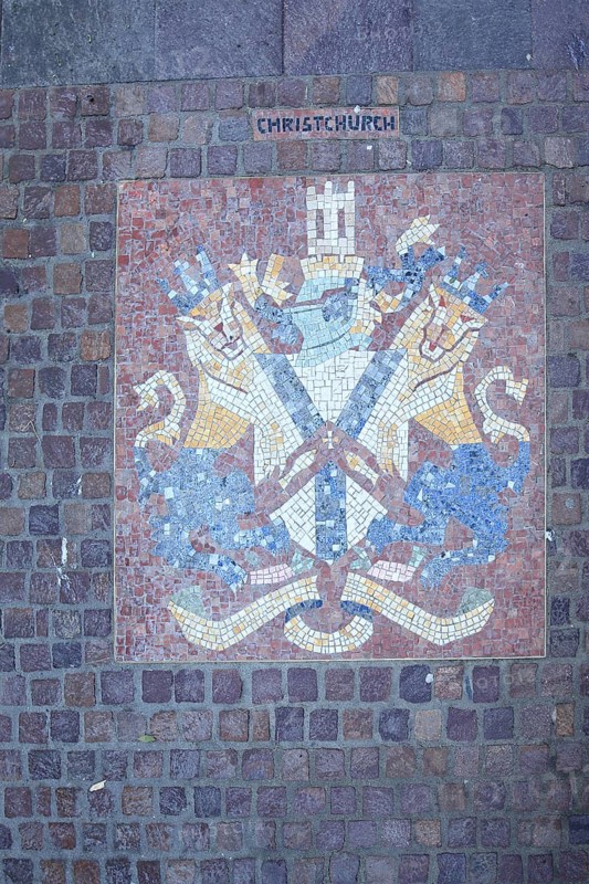 Colourful city coat of arms of the English twin town Christchurch in England, floor mosaic, lion figures, handicrafts, paving stones, floor, inscription, English, inscription, market square, Aalen, Swabian Alb, Baden-Württemberg, Germany, Europe