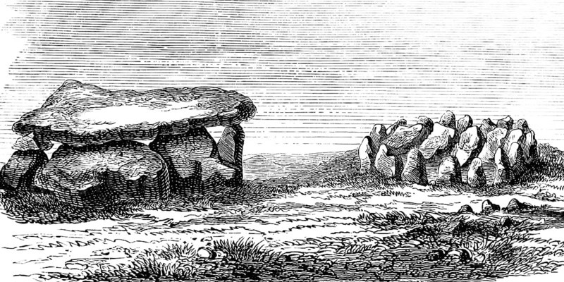 Barrow with capstone and stone circle, history of prehistoric mankind, historical illustration 1880