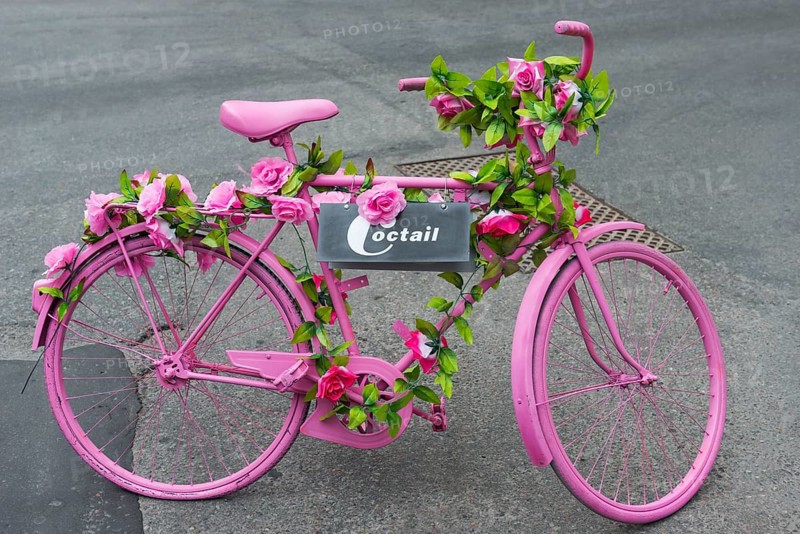 Flower-decorated pink bicycle, bike, pink, decorated, flowers, hippie, mobile, mobility, painted, symbol, traffic, traffic turnaround, advertising, colourful, creative, cheerful, romantic, city traffic, road traffic