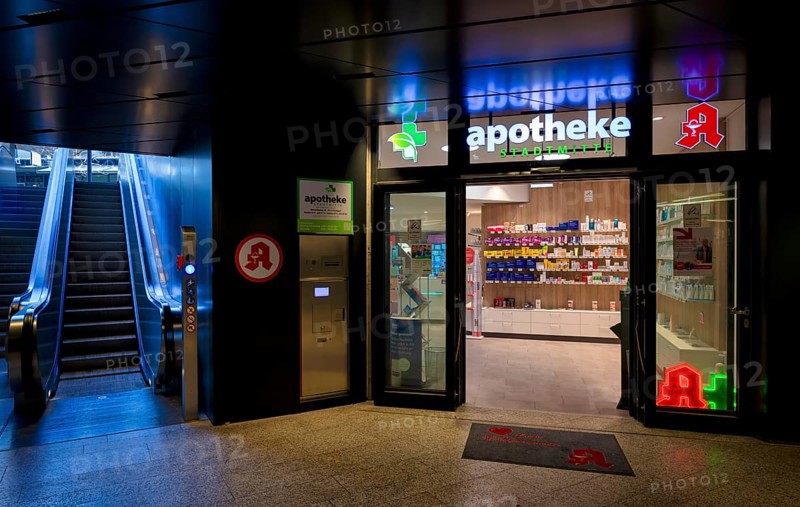 Night shot, pharmacy city centre, logo, subway, escalator, neon light, illuminated, Stuttgart, Baden-Württemberg, Germany, Europe