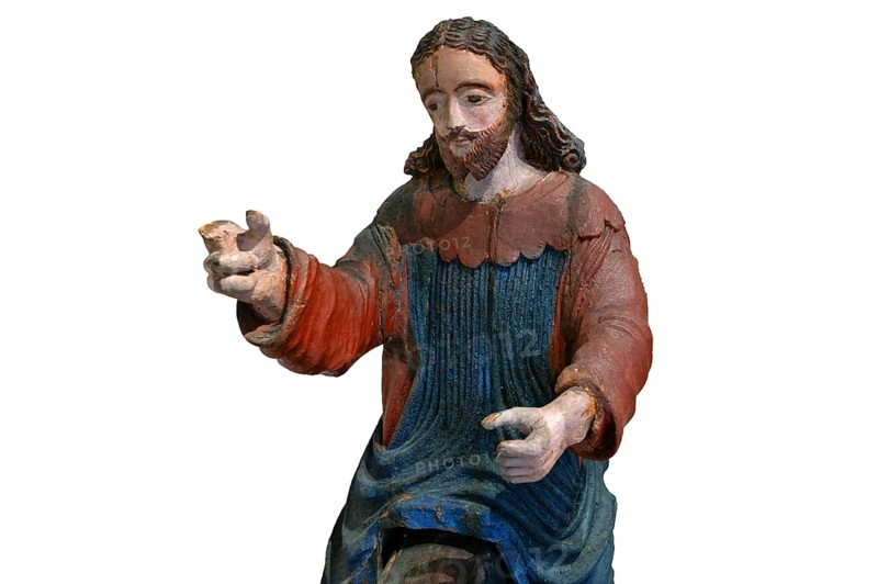 Christ on the palm donkey, on a white background, detail, wooden figure from around 1400, Museum Bezau, Vorarlberg, Austria, Europe