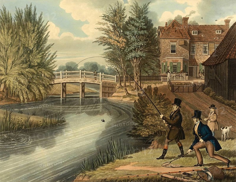 Men fishing by the river, Fly fishing, c. 1850, England, Historical, digitally restored reproduction from a 19th century original, Record date not stated