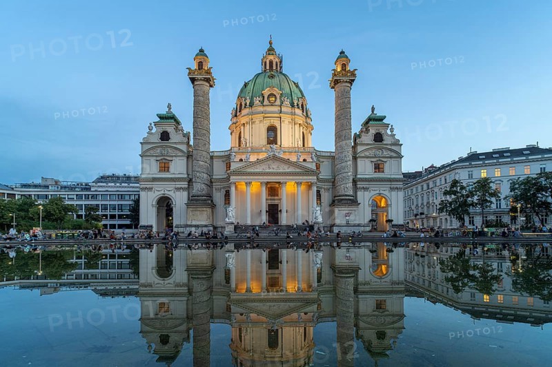 The baroque Karlskirche church at dusk, Vienna, Austria, Europe