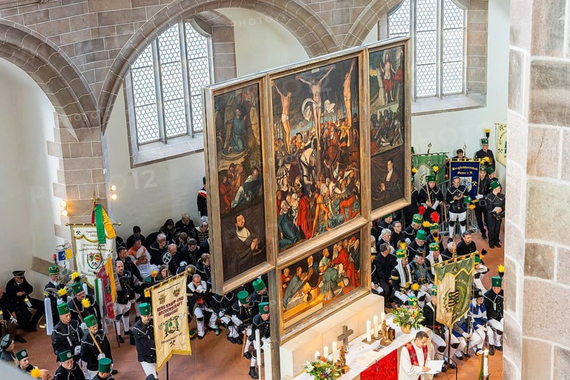 The so-called Bergstreittag is a beautiful centuries-old tradition and is celebrated on 22 July, the church memorial day and former feast day of Mary Magdalene in Schneeberg. The four quarterly sermons introduced in 1649 remained in place until 1845. These sermons were then abolished in favour of a single day, 22 July, which fell on Mary Magdalene. The Freiberg Mining Office recommended that this day should be celebrated with a festival and a mountain parade. In 1846, the Royal Ministry of Finance issued a decree to celebrate St Mary Magdalene's Day with a sermon and a magnificent mountain procession. The last major procession took place in July 1913. The First World War put an end to these processions. The tradition was not revived until July 1933, 528th Bergstreittag, church service in St Wolfgang's Church, Schneeberg, Saxony, Germany, Europe