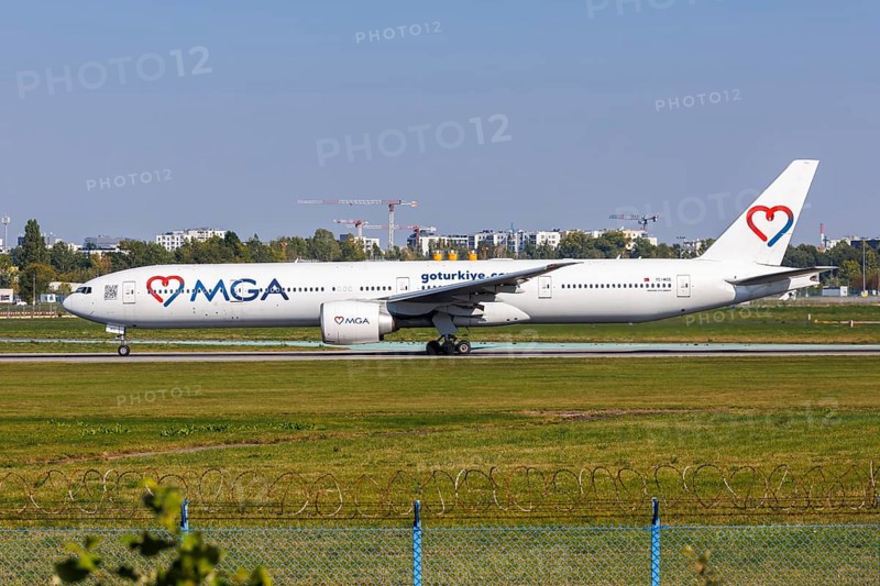 Mavi Gök Airlines MGA Boeing 777-300ER aircraft with registration TC-MGG at the airport in Warsaw, Poland, Europe