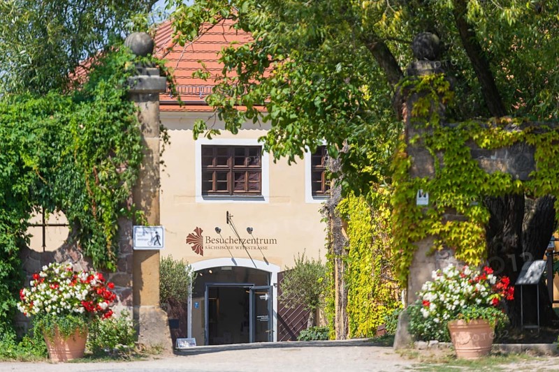 The idyllic, listed Hoflößnitz is a jewel of Saxony's wine-growing landscape and the first and only producer in Saxony that has dedicated itself entirely to organic cultivation and produces certified organic Saxon wines. Saxony's only viticulture museum with a permanent and special exhibition on regional viticulture is located in the historic buildings and on the neighbouring open space, Haus Höflößnitz, Radebeul, Saxony, Germany, Europe