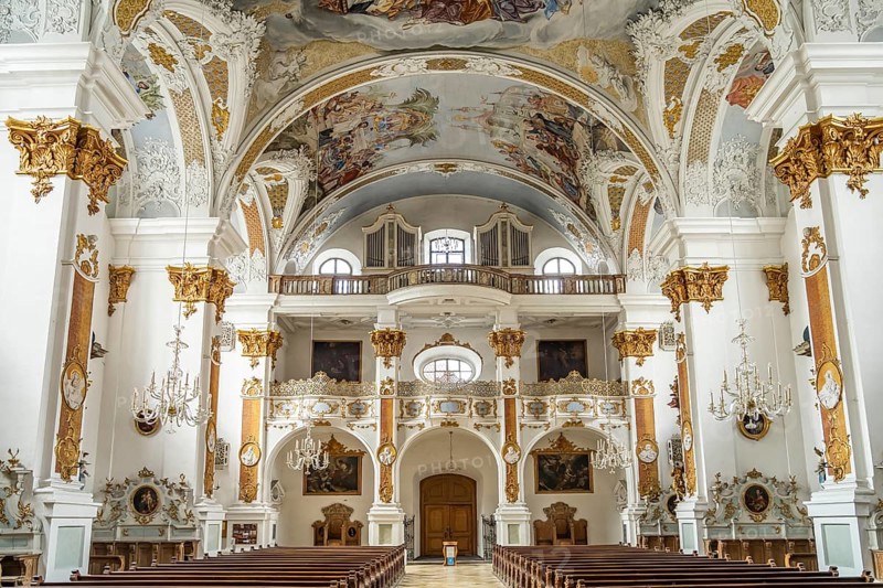 Interior and organ of the Studienkirche Mariä Himmelfahrt in Dillingen an der Donau, Bavaria, Germany, Europe