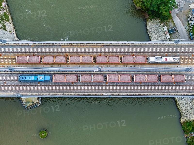 Load test on the Neckar Bridge, aerial view. Due to the unusual design, dimensional checks are mandatory in front of the bridge is opened to trains. Two goods trains with a combined weight of 960 tonnes load the 345-metre-long bridge over the Neckar. The bridge is part of the major Stuttgart 21 project. Stuttgart, Baden-Württemberg, Germany, Europe