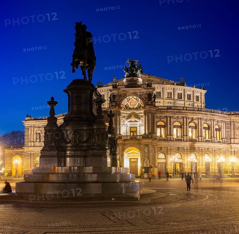 Semperoper am Theaterplatz with King Johann monument in the evening, Dresden, Saxony, Germany, Europe