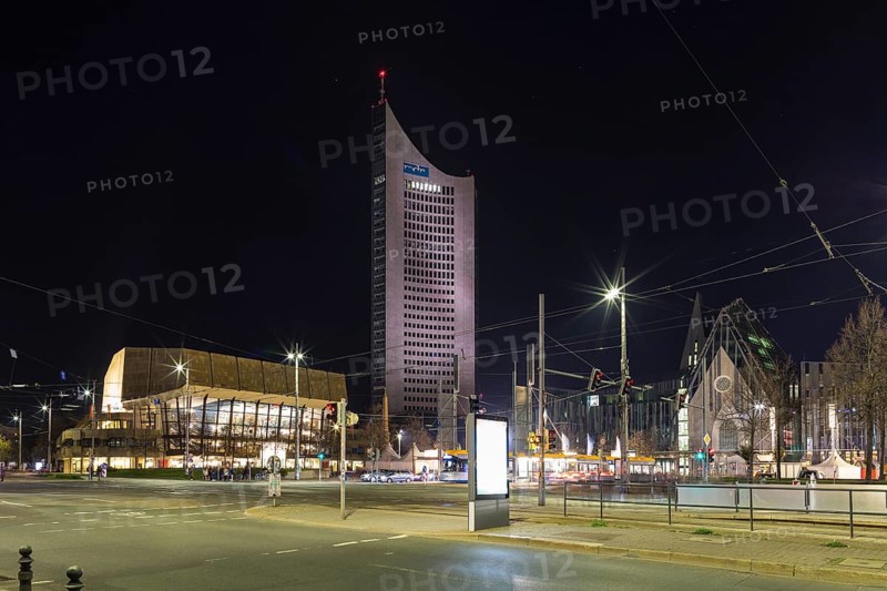 Augustusplatz at night with Gewandhaus, City-Hochhaus, Neues Augusteum, Paulinum and University Church, Leipzig, Saxony, Germany, Europe