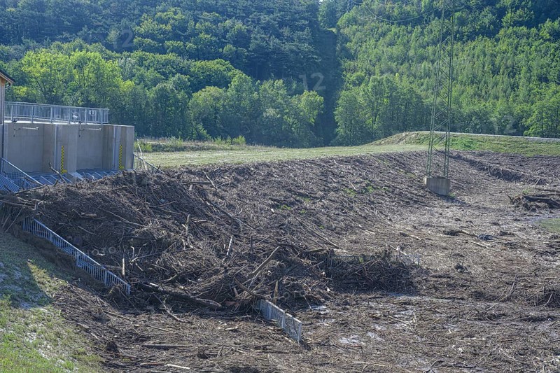 Blockages caused by wood at the Fahrafeld flood defence after a severe storm, Pottenstein, Lower Austria, Austria, Europe