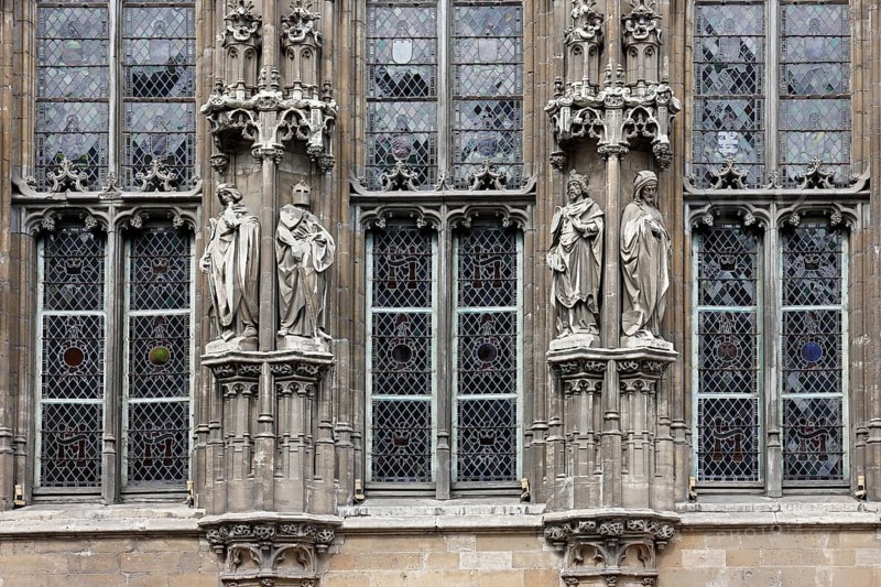 Historic town hall Stadhuis, partial view of the façade in Flamboyant Gothic style with sculptures, Botermarkt, Ghent, Flanders, Belgium, Europe