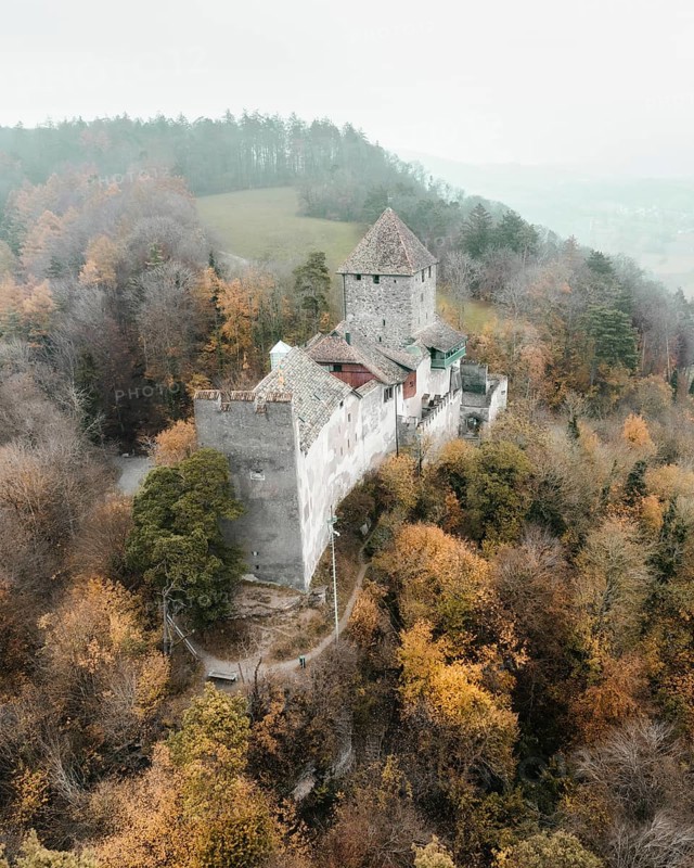 Aerial view of Hohenklingen Castle above Stein am Rhein on a foggy autumn day, Canton Schaffhausen, Switzerland, Europe