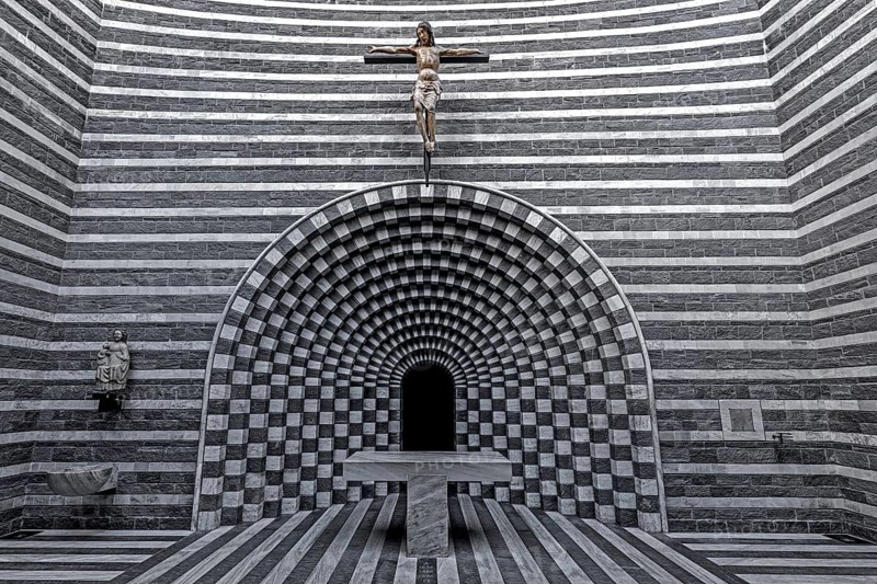 Chiesa di San Giovanni Battista, interior view, architect Mario Botta, Mogno, near Fusio, Lavizzara, Canton Ticino, Switzerland, Europe