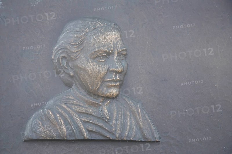 Relief and memorial to the founder of the toy factory Margarete Steiff on her 150th birthday, memorial plaque, memorial plate, Margarete-Steiff-Platz, Giengen an der Brenz, Swabian Alb, Baden-Württemberg, Germany, Europe