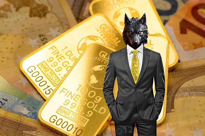 Symbolic image, wolf in a suit, stock market, gold, securities, industry, economy critical, exploitation, stress, trade union, payment, insolvency, wrong decisions, unemployment, profit, profit slump, share prices, Germany as a business location, global economy, globalisation, environmental protection