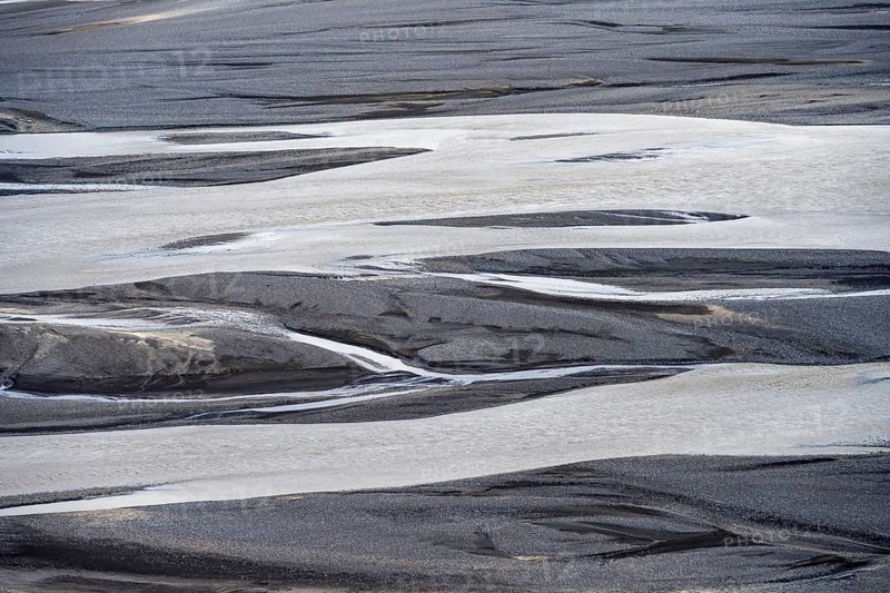 Detail, structure, river course in a gravel bed with black sand, meandering river, Dímonarhellir, Suðurland, Iceland, Europe