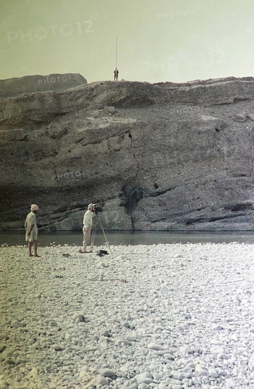 Survey work on the dry riverbed of the Nai Gaj Gorge at low water, assessment of the possibility of damming the river, Sindh, Pakistan 1962