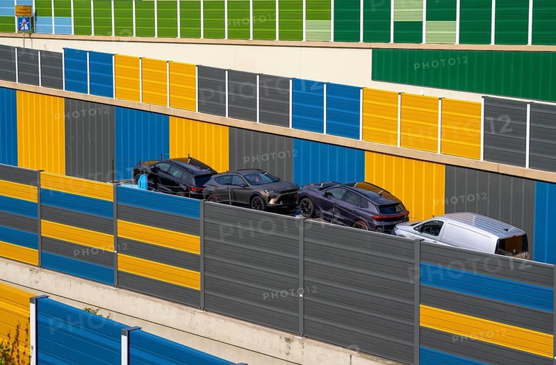 Colourful noise barriers on the A52 motorway, at the Essen-Rüttenscheid junction, the noise barriers were rebuilt in a colourful design as part of the motorway renovation, North Rhine-Westphalia, Germany, Europe