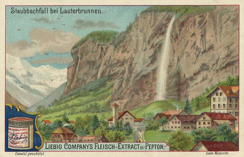 Picture series Waterfalls of the World, The Staubbach Falls near Lauterbrunnen, Switzerland, Liebig picture, digitally restored reproduction of a collector's picture from about 1900, public domain, exact date unknown, Idyllic landscape near Lauterbrunnen with waterfall, mountains and houses, Europe
