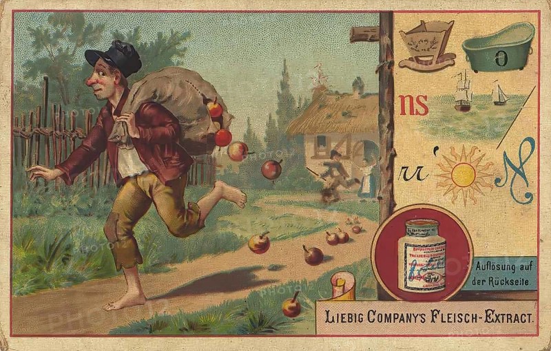 Picture series picture puzzle, Liebig picture, digitally restored reproduction of a collector's picture from around 1900, public domain, exact date unknown, A man runs towards a house in the country with a sack full of apples