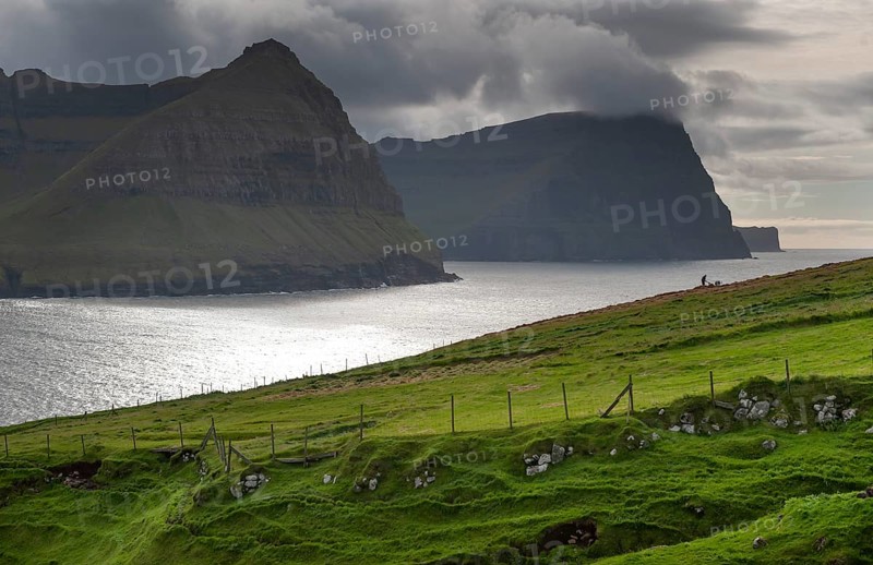 Fields, view from Vidareidi, Vidoy Island, Viðareiði, Viðoy Island to Borðoy, Kunoy and Kalsoy, Faroe Islands, Denmark, Europe