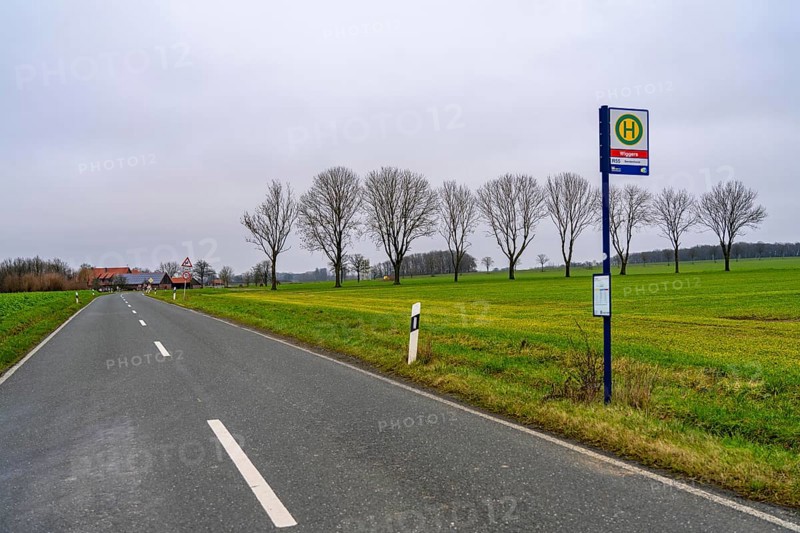 Bus stop Wiggers, in the countryside, near Sendenhorst, line R55, RVM Regionalverkehr Münsterland, from Ahlen to Sendenhorst, runs hourly on weekdays, at weekends only on request by Taxi Bus, Münsterland