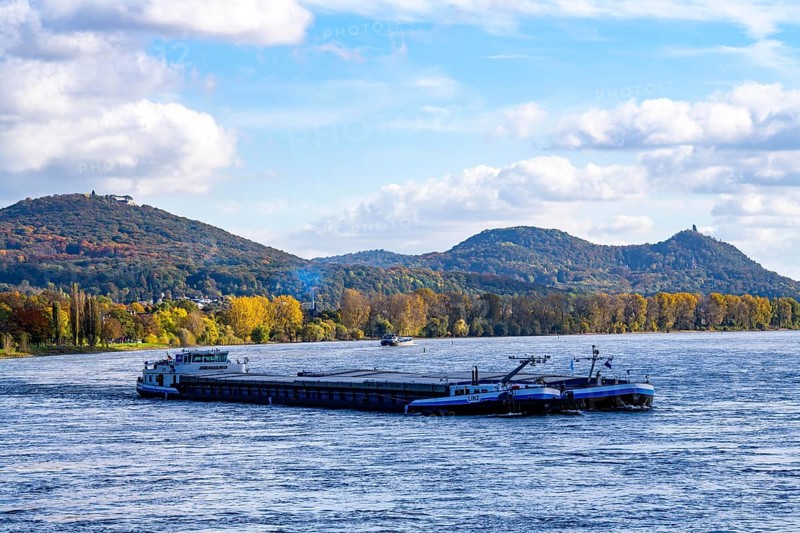 Cargo ship on the Rhine near Bonn, valley driver, in the background the Siebengebirge, North Rhine-Westphalia, Germany, Europe